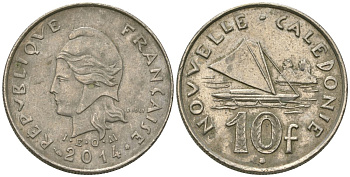 Французская Новая Каледония 10 франков 2014 рыбачья парусная лодка, (IEOM) KM 11a, Schoen 13a, Lec 99k медно-никель 67-1111
