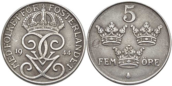 Швеция 5 эре 1944 Густав V (1907-1950) KM 812 железо 115-914