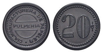 Чили шахтерский жетон с рудника Каличе (для добычи нитрата натрия) для покупки в местных магазинах (Pulperia), номиналом в 20 сентаво 1880-1920 диаметр 26 мм, вес 1,45 гр не описан в Espinosa эбонит (черный) 1094-1-81