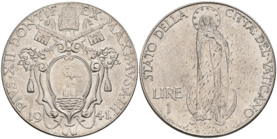 Ватикан 1 лира 1941 Пий XII, Дева Мария KM 26 a сталь UNC 63-943