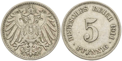 Германия 5 пфеннигов 1911 G KM 11, Jager 12, Weege 6 медно-никель 105-147