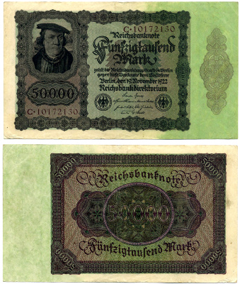 ГЕРМАНИЯ 50000 МАРОК 1922 19 НОЯБРЯ 1922, ВЫПУСК (ФЕВРАЛЬ 1923-5 ИЮЛЯ 1925), НОМЕР ВОСЬМИЗНАЧНЫЙ, СЕРИЯ C 10172130 Pick 80, Роземберг 78 бумага 2194-7-2-2