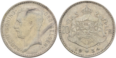 Бельгия 20 франков 1934 Альберт I (1909-1934), Der Belgen KM 104.1 серебро 4117-135