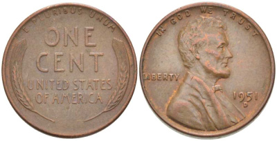 США 1 ЦЕНТ 1951 D, ЛИНКОЛЬН KM А132 медь цинк 218-554