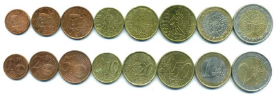 Франция евронабор из 8 монет 1999-2004 (1, 2, 5, 10, 20, 50 ЕВРОЦЕНТОВ, 1, 2 ЕВРО) KM 1282, 1283, 1284, 1285, 1286, 1287, 1288, 1289 N5-61