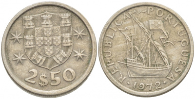 ПОРТУГАЛИЯ 2,5 ЭСКУДО 1972 ПАРУСНИК KM 590 медно-никель 3718-316