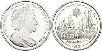 Британские Виргинские острова 10 долларов 2005 любимые корабли адмирала Нельсона серебро PROOF 02-012-24
