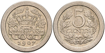 Нидерланды 5 центов 1907 Вильгельмина (1890-1948) KM 137 медно-никель 4576-763