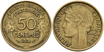 Франция 50 сантимов 1931 KM 894.1, Le Franc 192.15 алюминиевая бронза 4596-735