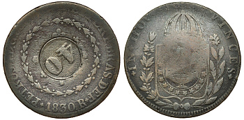 Бразилия 40 рейс 1835 провинция ICO, надчеканка на 1830 KM 444.1 медь 1517-1523