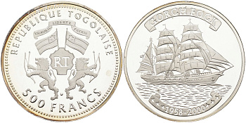 Того 500 франков 2000 парусник "Gorch Fock" (Товарищ), тираж 5000 экз. KM 18 серебро PROOF 04-318-15