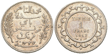 Тунис 1 франк 1917 A KM 238 серебро 4616-146