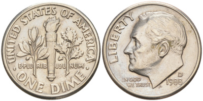 США 10 ЦЕНТОВ = 1 ДАЙМ 1988 D, РУЗВЕЛЬТ KM 195a медь плакированная медно-никелем 188-439