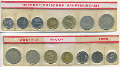 Австрия набор из 7 монет  1979  2, 5, 10, 50 грошей, 1, 5, 10 шиллингов, в целлофане KM PS 39 PROOF 4400-2-1