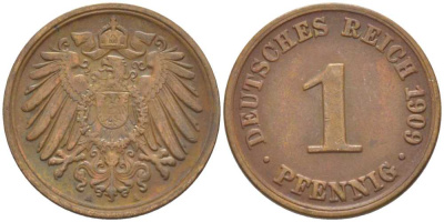 ГЕРМАНИЯ 1 ПФЕННИГ 1909 A KM 10, J. 10, Weege 2 медь 211-418