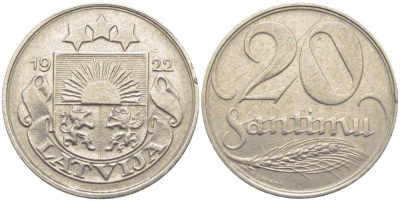 Латвия 20 сантимов 1922 первая Республика (1918-1939) KM 5 никель 119-151