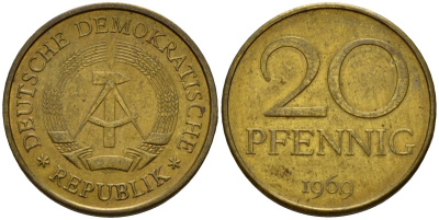 ГДР 20 пфеннигов 1969 A, первый год KM 11 латунь 4601-542