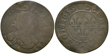 ФРАНЦИЯ ДВОЙНОЙ ТУРНУА 1639 ЛУИ XIII (1610-1643) медь 99-965