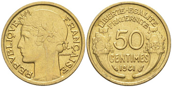 ФРАНЦИЯ 50 САНТИМОВ 1941 ТИП MORLON KM 894.1, LE FRANC 192.18 алюминиевая бронза 44-552