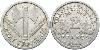Франция 2 франка 1943 правительство Виши KM 904.1, LE FRANC 270.2 алюминий 109-1216