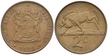 ЮАР 2 цента 1986 герб, антилопа гну KM 83 бронза 85-422