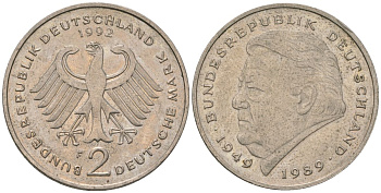 ФРГ 2 марки 1992 F, Франц Йозеф Штраус, 40 лет Федеративной Республике KM 175 медно-никель 4572-925