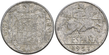 Испания 10 сентимо 1953 Франсиско Франко (1939 - 1975) KM 766 алюминий 4155-246