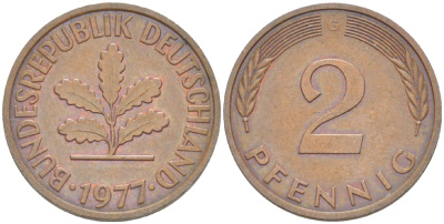 ФРГ 2 пфеннига 1977 G KM 106a, J.381a сталь плакированная медью 4181-826