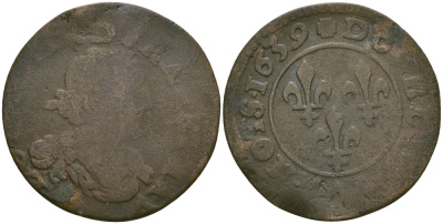 ФРАНЦИЯ ДВОЙНОЙ ТУРНУА 1639 ЛУИ XIII (1610-1643) медь 99-965