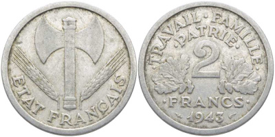 Франция 2 франка 1943 правительство Виши KM 904.1, LE FRANC 270.2 алюминий 4112-616