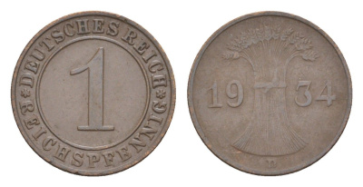 Германия 1 рейхспфенниг 1934 D KM 37, J. 313 бронза 4644-1049
