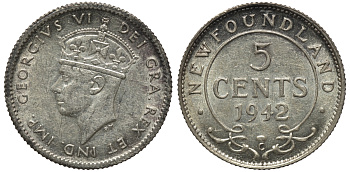 Ньюфаундленд 5 центов 1942 С, Георг VI (1937-1952) KM 19 серебро aUNC 192-321