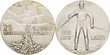Финляндия 25 марок 1978 K-N, 21 Чемпионат мира по лыжным видам спорта 1978 в Лахти KM 56 серебро UNC 1515-1312