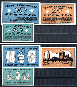 Андернах (Пруссия, Рейн) полный набор из 3 нотгельдов (10, 25 и 50 пфеннигов) 1920 Mehl Grabowski 32.1a бумага UNC (пресс) 7556-44-1-1