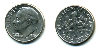 США 10 центов (дайм) 1986 D, Франклин Рузвельт KM 195а медь плакированная медно-никелем 46-2444