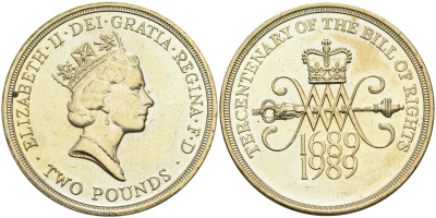 Великобритания 2 фунта 1989 Елизавета II (1952-2022), 300 лет "Биллю о правах" Англии KM 960, Spink 4313 никель латунь UNC 4565-142
