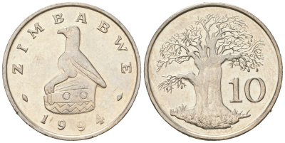 Зимбабве 10 центов 1994 птица-идол, баобаб KM 3 медно-никель UNC 4615-1153