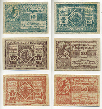 Австрия набор из 3 банкнот 1920 1 мая 1920-31 декабря 1920, нотгельд, 10, 20, 50 геллеров, ST. GEORGEN am YBBSF   бумага  aUNC  7555-3-3-1