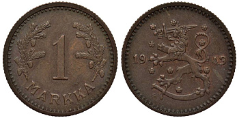 ФИНЛЯНДИЯ 1 МАРКА 1943 S KM 30а медь 4548-1053