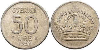 Швеция 50 эре 1952 TS, Густав VI Адольф (1950-1973) KM 825 серебро 4148-913