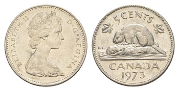 Канада 5 центов 1973 Елизавета II (1952-2022), бобр KM 60.1 никель 4630-721