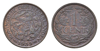 Нидерланды 1 цент 1939 Вильгельмина (1890-1948) KM 152 бронза 4674-1162
