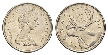 Канада 25 центов 1971 Елизавета II (1952-2022), олень KM 62b никель 4638-514