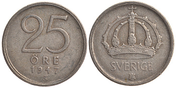 Швеция 25 эре 1947 TS, Густав V (1907-1950) KM 816 серебро 4179-864