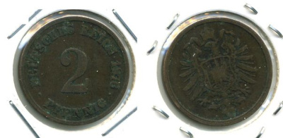 ГЕРМАНИЯ 2 ПФЕННИГА 1876 A, СТАРОГЕРБОВКА KM 2, J.2 медь 701-425