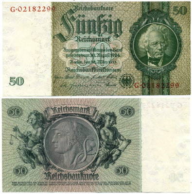 ГЕРМАНИЯ 50 РЕЙХСМАРОК 1945 Pick 182b бумага аUNC 7214-14-3