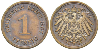 ГЕРМАНИЯ 1 ПФЕННИГ 1907 E KM 10, Jager. 10, Weege 2 медь 4528-1244
