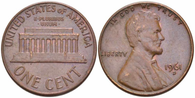 США 1 цент 1961 D, Авраам Линкольн KM 201 медь цинк 105-637