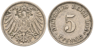 Германия 5 пфеннигов 1914 D, KM 11, J. 12 медно-никель 220-733