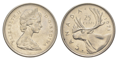 Канада 25 центов 1971 Елизавета II (1952-2022), олень KM 62b никель 4638-514
